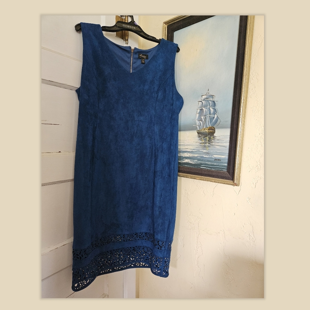 Blue Suede Sleeveless Dress with Cut Out Lace Hem